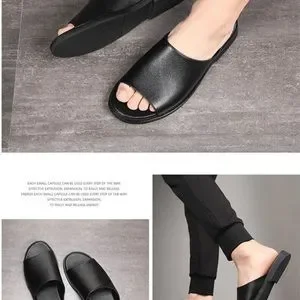 2022 New Men Are Slippers Leather Home Indoor Flat Shoes Outdoor Open Toe. Amazon.com | Leather Slippers For Men Indoor Outdoor  main image 3